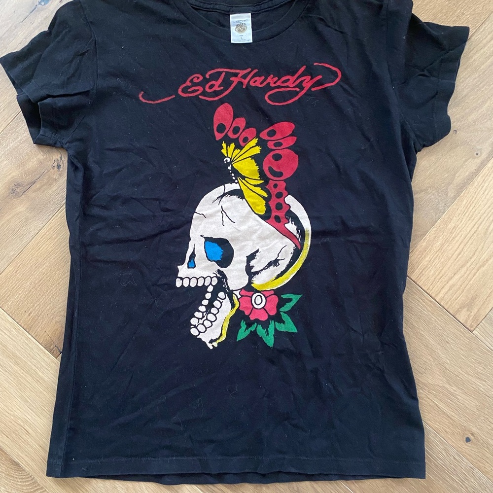 Ed Hardy Black Tee with Colorful Skull & Butterfly Graphic
